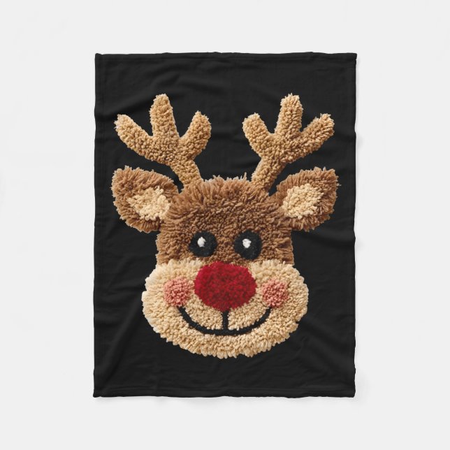 Funny Reindeer Rudolph Crochet Merry Christmas Xma Fleece Blanket (Front)