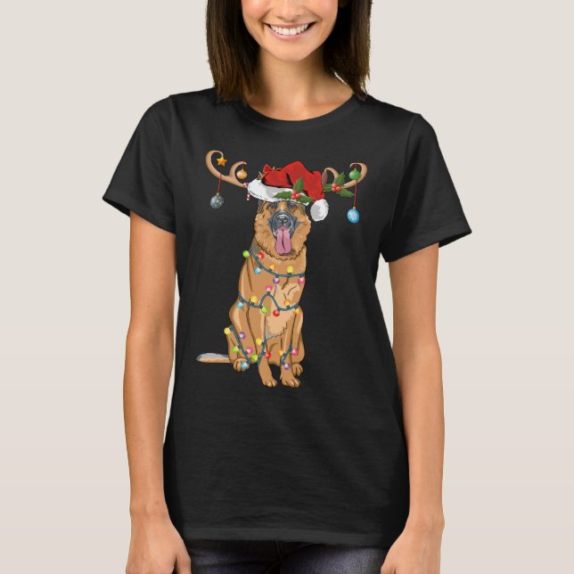 Funny Reindeer Santa Hat German Shepherd Christmas T-Shirt (Front)