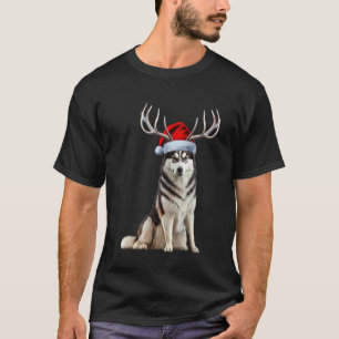 Funny Reindeer Santa Hat Holiday Husky Christmas T-Shirt