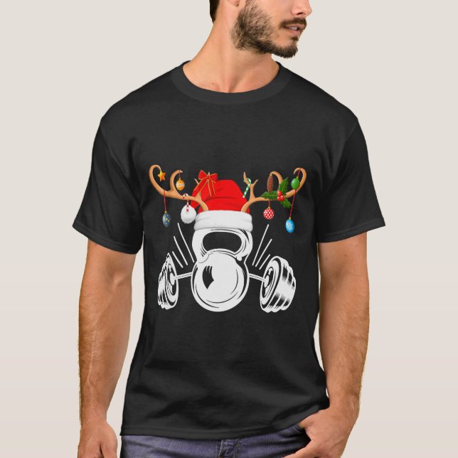 Funny Reindeer Santa Hat Weightlifting Fitness Chr T-Shirt (Front)