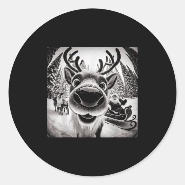 Funny Reindeer Selfie Christmas  Classic Round Sticker (Front)