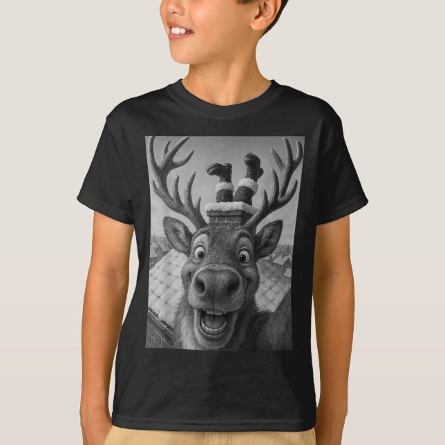 Funny Reindeer Selfie Santa Boys Girls Christmas  T-Shirt (Front)