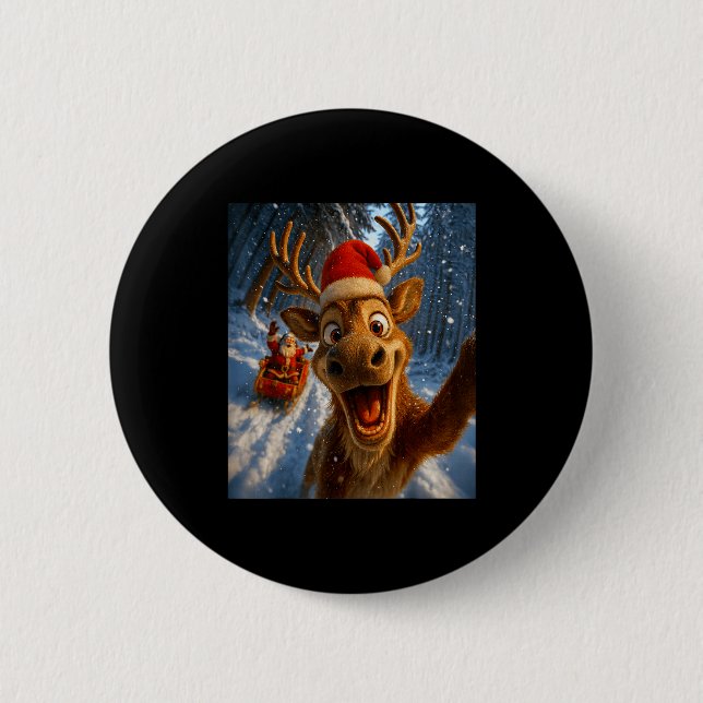 Funny Reindeer Selfie Santa Merry Christmas Men Wo 6 Cm Round Badge (Front)