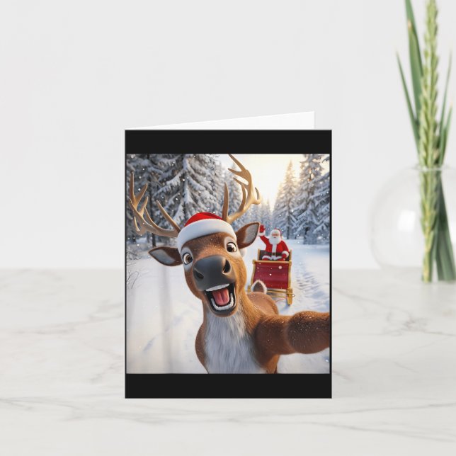 Funny Reindeer Selfie Santa Merry Christmas Men Wo Card (Front)