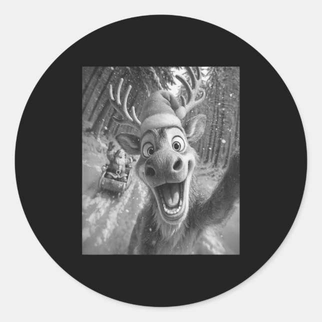 Funny Reindeer Selfie Santa Merry Christmas Men Wo Classic Round Sticker (Front)