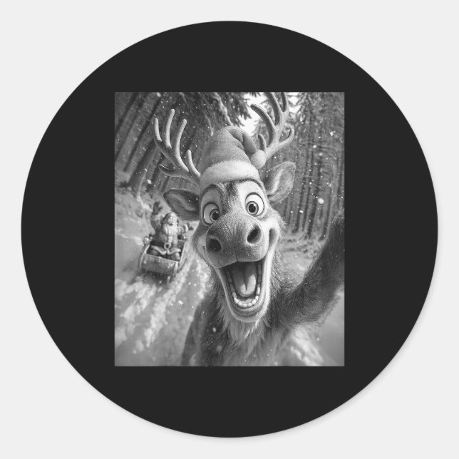Funny Reindeer Selfie Santa Merry Christmas Men Wo Classic Round Sticker (Front)