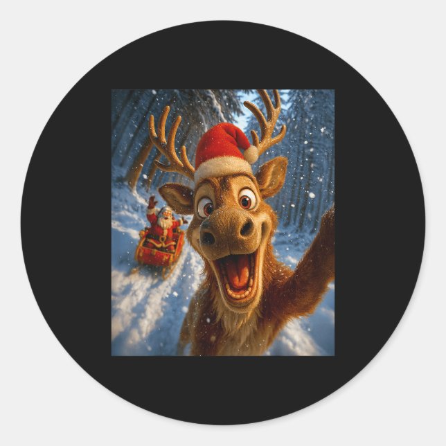 Funny Reindeer Selfie Santa Merry Christmas Men Wo Classic Round Sticker (Front)