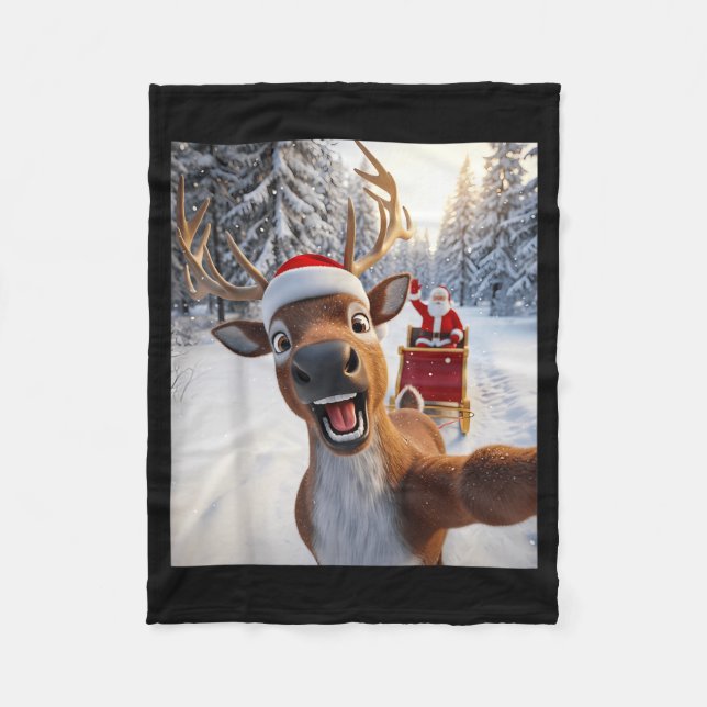 Funny Reindeer Selfie Santa Merry Christmas Men Wo Fleece Blanket (Front)