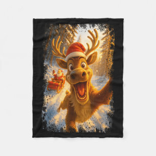 Funny Reindeer Selfie Santa Merry Christmas Men Wo Fleece Blanket