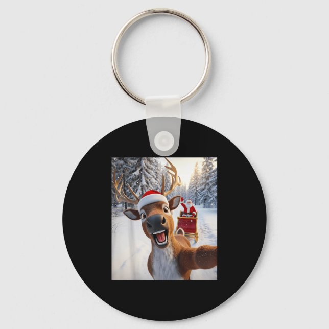 Funny Reindeer Selfie Santa Merry Christmas Men Wo Key Ring (Front)