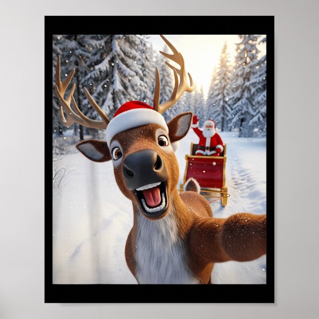 Funny Reindeer Selfie Santa Merry Christmas Men Wo Poster (Front)