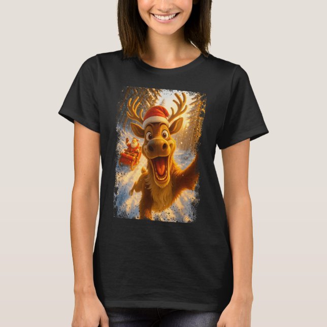 Funny Reindeer Selfie Santa Merry Christmas Men Wo T-Shirt (Front)