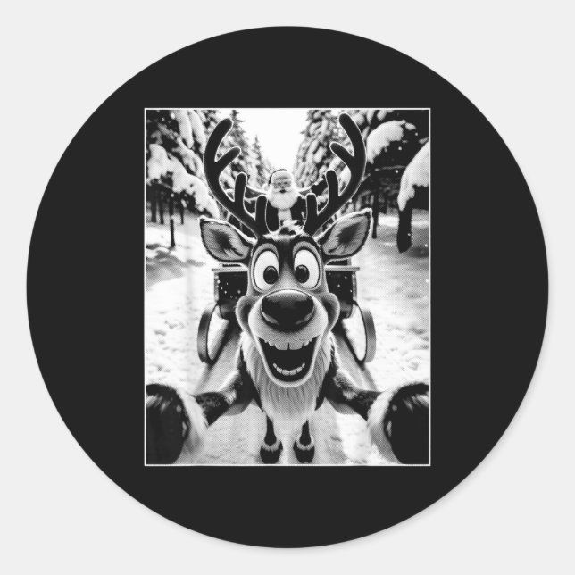 Funny Reindeer Selfie Santa Sleigh Christmas Holid Classic Round Sticker (Front)