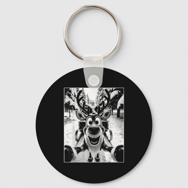 Funny Reindeer Selfie Santa Sleigh Christmas Holid Key Ring (Front)