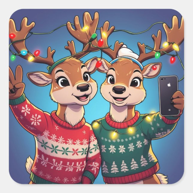 Funny Reindeer Selfie with Christmas Sweaters and  Square Sticker (Front)