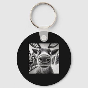 Funny Reindeer Selfie With Santa Sleigh Christmas Key Ring