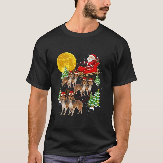 Funny Reindeer Sheltie Dogs With Santa Sleigh Xmas T-Shirt (Front)