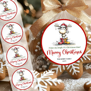 Funny reindeer sticker whimsical red green cartoon