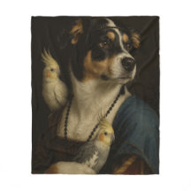 Funny Renaissance Dog and Cockatiels Painting Blan
