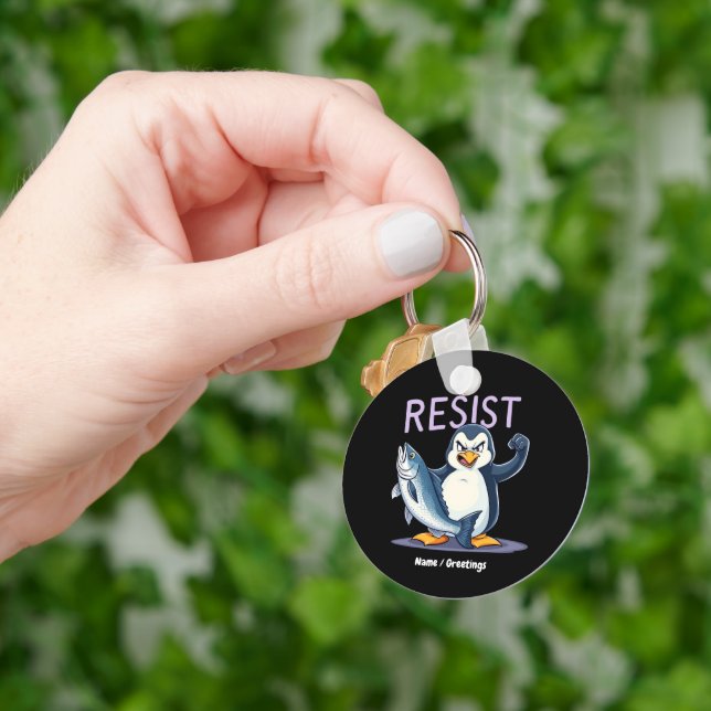 Funny Resist Penguin Protest Against Tariffs  Key Ring (Hand)
