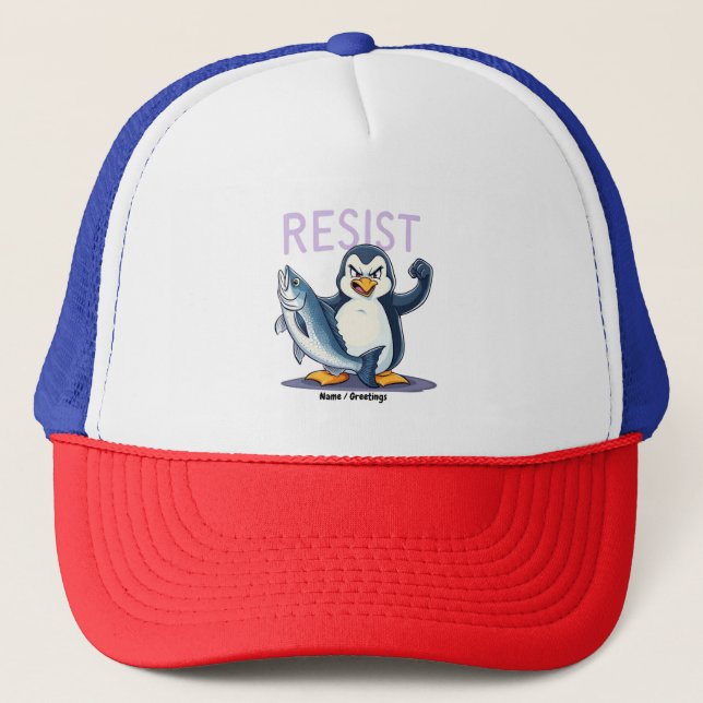 Funny Resist Penguin Protest Against Tariffs  Trucker Hat (Front)