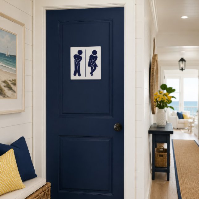 Funny Restroom Sign (Funny navy restroom sign displayed on a coastal bathroom door with bright seaside decor.)
