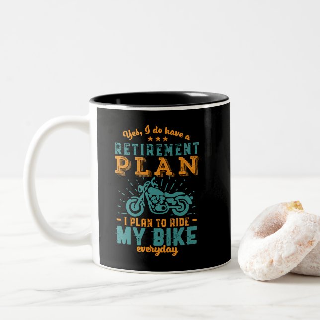 Funny Retired Bike Retirement Plan Ride Motorcycle Two-Tone Coffee Mug (With Donut)
