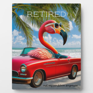 Funny Retired Flamingo in Convertible on Beach Plaque