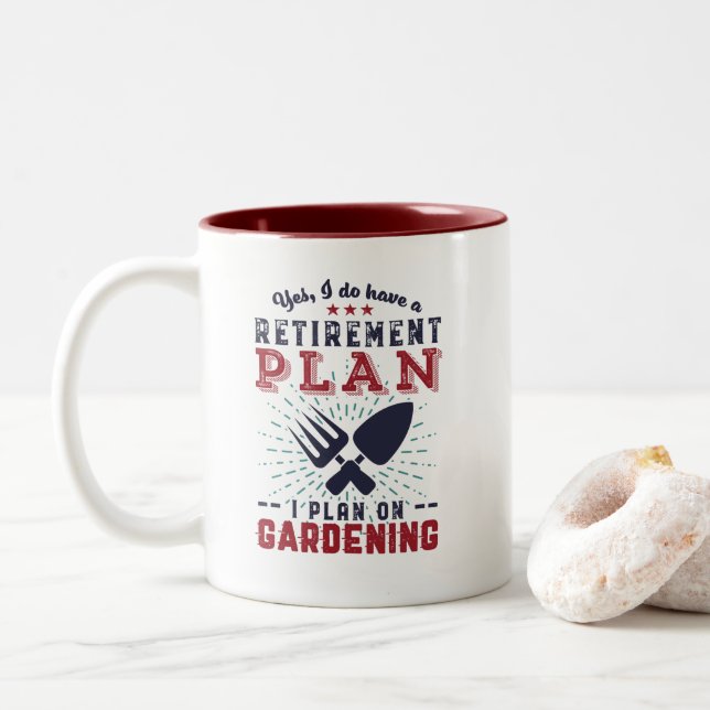 Funny Retired Gardener Retirement Plan Gardening Two-Tone Coffee Mug (With Donut)