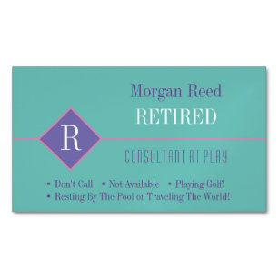 Funny Retired, Teal & Purple, DIY Gag Magnetic Business Card