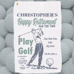 Funny Retirement Golfer Theme Retro Golf<br><div class="desc">Funny golf towel for your favourite retired golfer. Monogrammed with name and date of retirement. Retro style play golf theme complete with swinging golfer,  golf ball and golf tee. Fun and practical gift.</div>