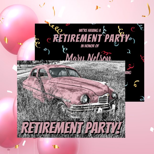 Funny Retirement Party Antique Car Pink Invitation (Creator Uploaded)