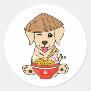 Funny retriever is eating noodles classic round sticker