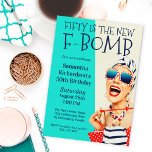 Funny Retro 50th Birthday F-Bomb Invitation<br><div class="desc">A unique 50th Birthday Party Invitation for the ladies, this design features an outrageously stylish woman in striped sunglasses and hair turban with a polka dot bag and striped towel. The humour is carried out in the bold text title "FIFTY IS THE NEW F-BOMB". The retro colour scheme of aqua,...</div>