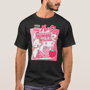 Funny Retro 90s Kawaii Cat Strawberry Milk Japanes T-Shirt