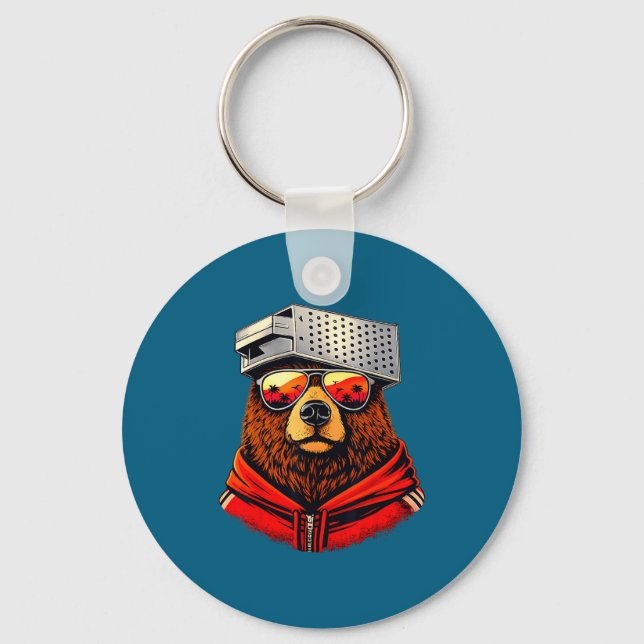 Funny Retro Bear With Cheese Grater Hat Bear With  Key Ring (Front)