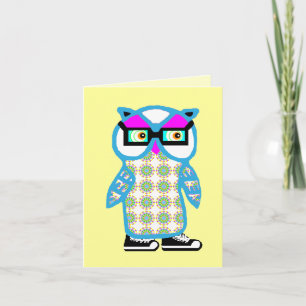 Funny Retro Blue Hipster Owl Blank Greeting Card
