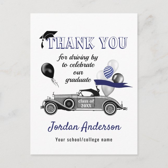 Funny Retro Car Drive By Graduation Thank You Anno Announcement Postcard (Front)