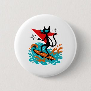 Funny Retro Cat Surfing Midcentury Mid Century Sur 6 Cm Round Badge