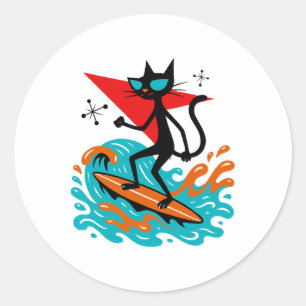 Funny Retro Cat Surfing Midcentury Mid Century Sur Classic Round Sticker