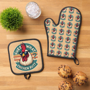 Funny Retro Chicken Butt Joke Design Oven Mitt & Pot Holder Set