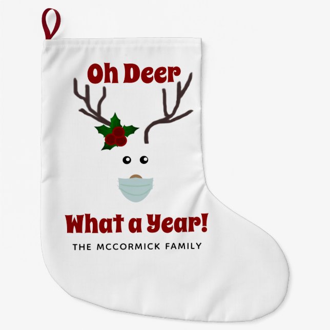 Funny Retro Christmas Reindeer Family Monogrammed Large Christmas Stocking (Front)