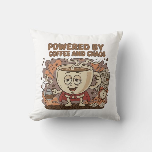 Funny Retro Coffee Superhero | Powered by Coffee  Cushion (Front)
