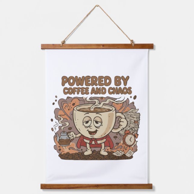 Funny Retro Coffee Superhero | Powered by Coffee  Hanging Tapestry (Front)