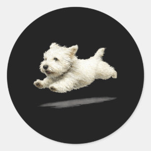 Funny Retro Cute Running Dog Art White Puppy Classic Round Sticker