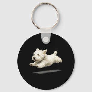 Funny Retro Cute Running Dog Art White Puppy Key Ring