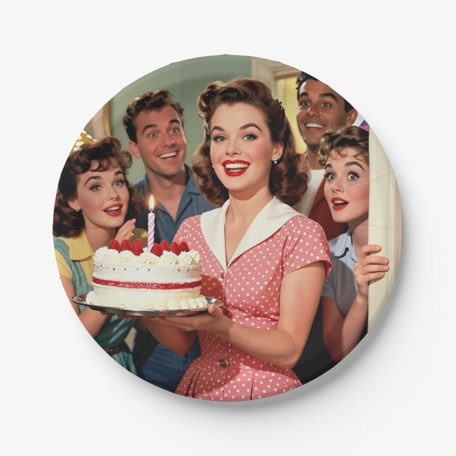 Funny Retro Friends Celebrating a Birthday Paper Plate (Front)