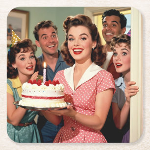 Funny Retro Friends Celebrating a Birthday Square Paper Coaster