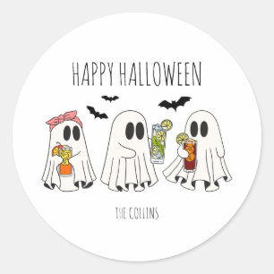 Funny Retro Ghost and Cocktails Happy Halloween Classic Round Sticker