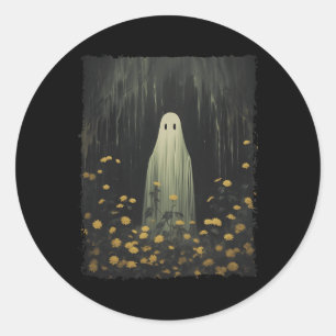 Funny Retro Ghost In The Forest Floral Halloween G Classic Round Sticker